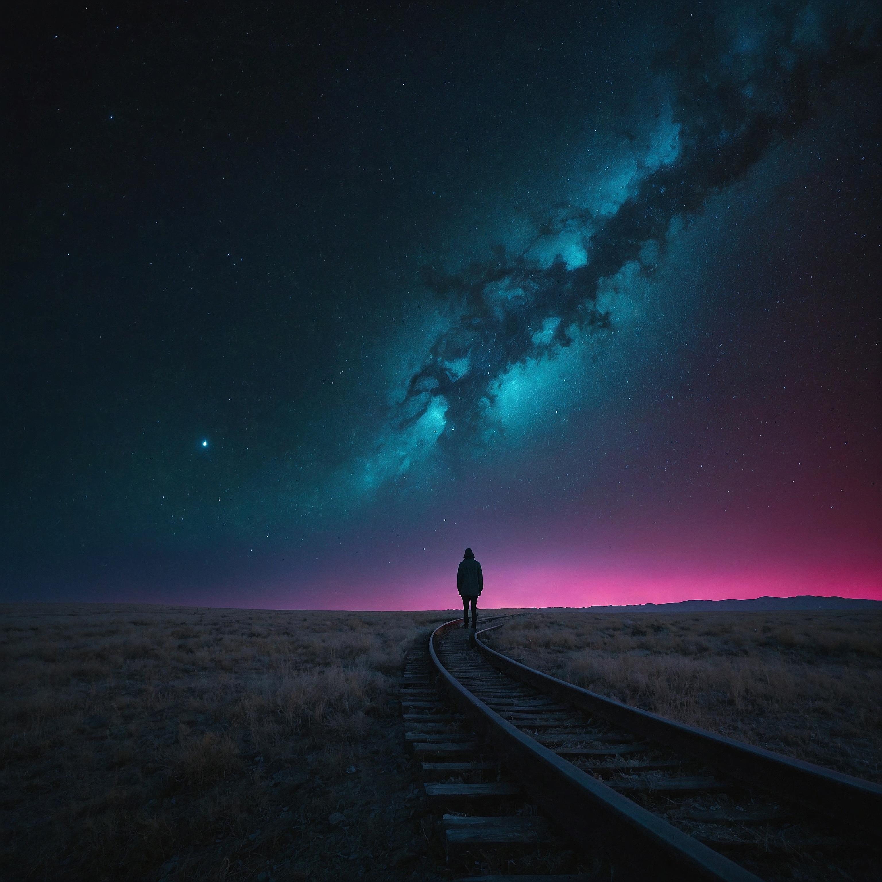 An intriguing image of lonely isolation in the beautiful cosmos. A figure is walking along down a train tracks in the distance. Above is a beautiful constellation with cosmic engery.