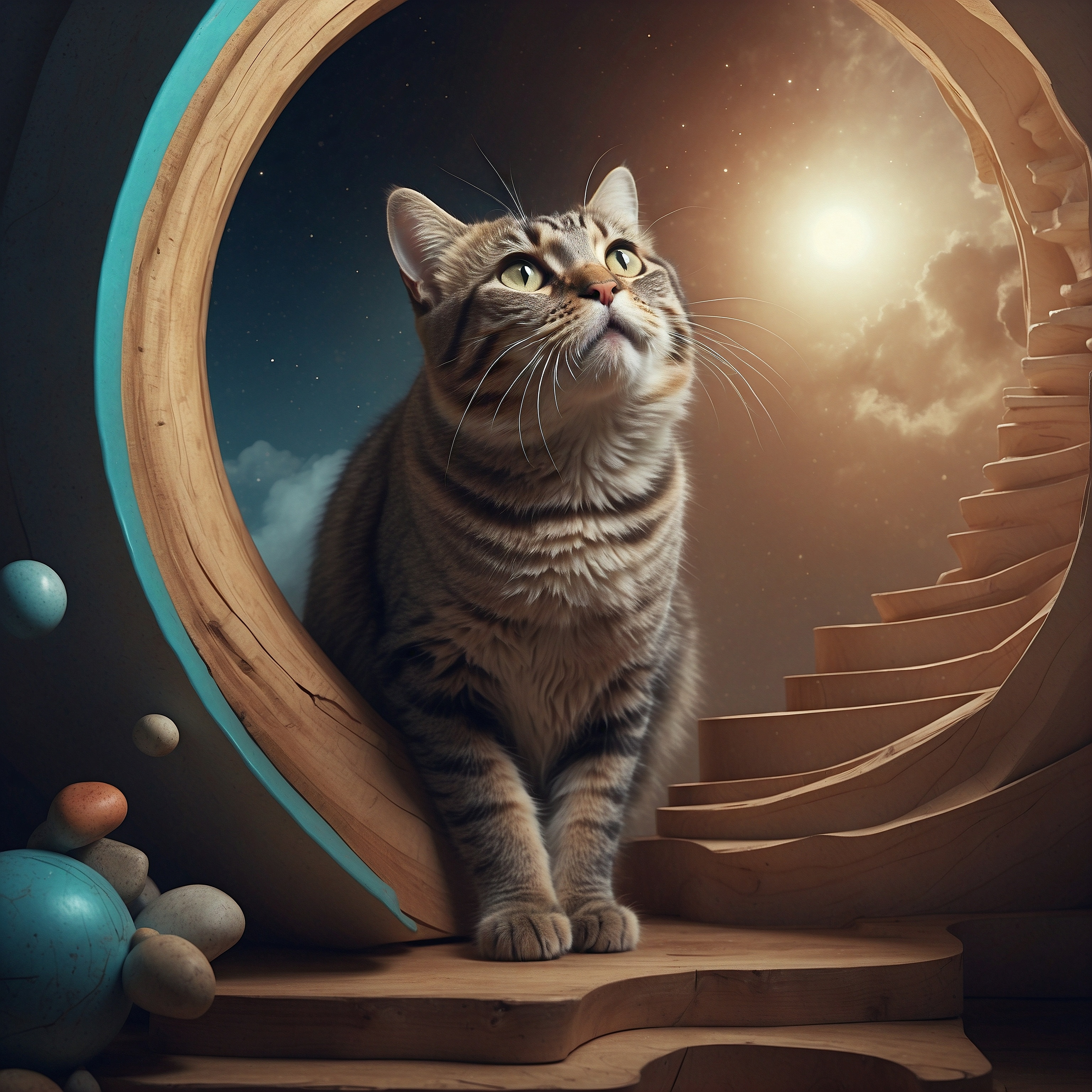 Artwork. A life-like image of a cat, but in a fantasy setting. A portrait of a cat on an infinite staircase surrounded by the cosmos and floating orbs. 