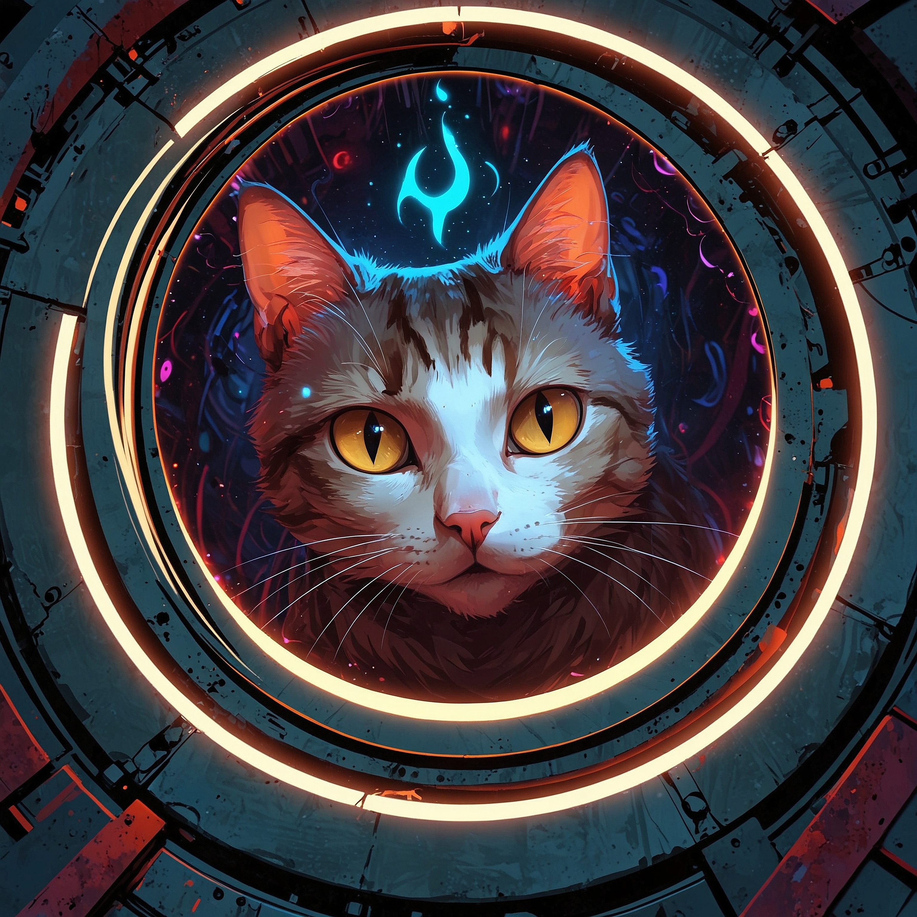 Artwork. An illustration of a cat's head and face surrounded by glowing circles. A portrait.