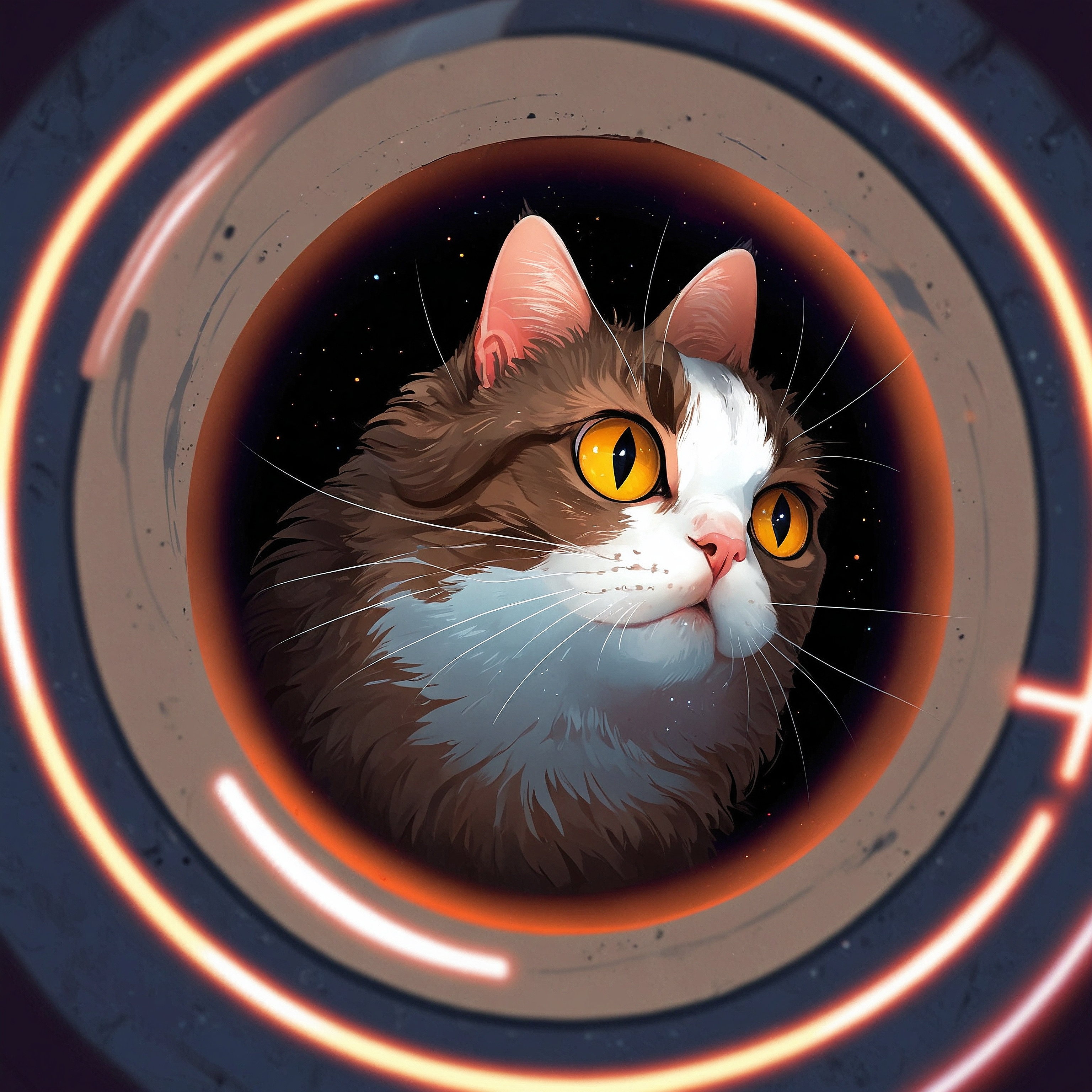 Artwork. An illustration of the head of a cat framed in the center of round glowing circles. Portrait. 