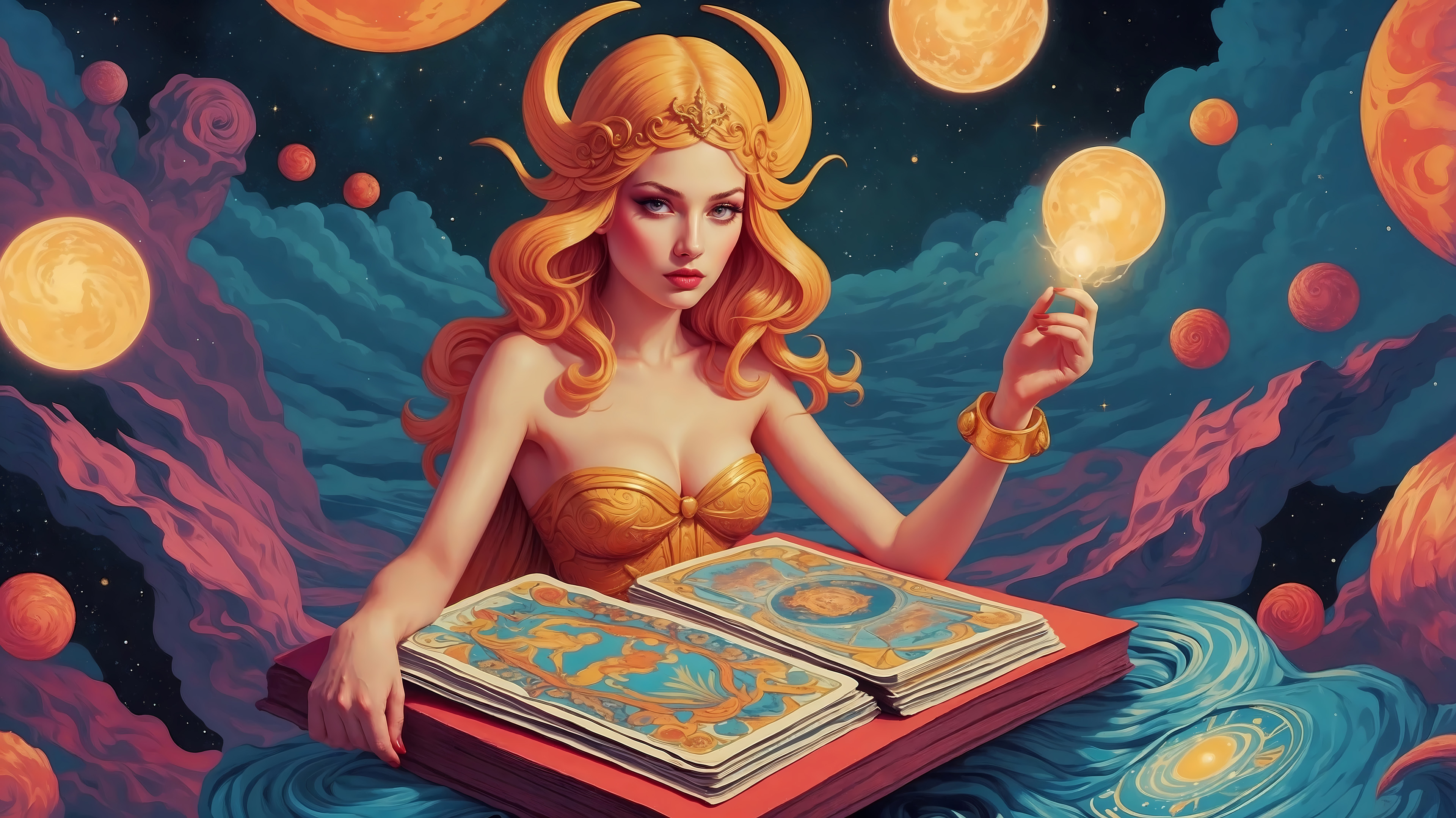 Golden celestial oracle divines fate from a glowing grimoire, her horned crown blazing as she cradles a pulsing planet in her palm. Swirling nebulae and floating worlds orbit her mystical form while ancient electronica hymns rise from the cosmic pages.