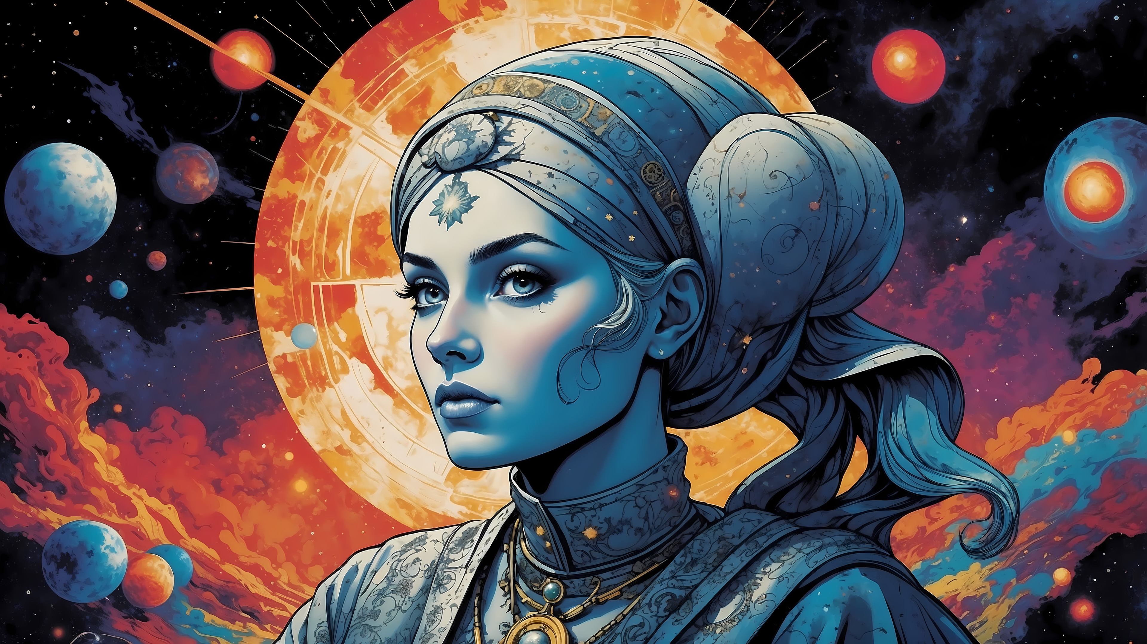 Blue cosmic high priestess pulses with ancient electronica wisdom, her starlit headwrap glowing as swirling nebulae and orbiting planets thrum around her regal form. Serene gaze holding destiny’s weight, “I am the Celestial of Fate” resonating through the void.