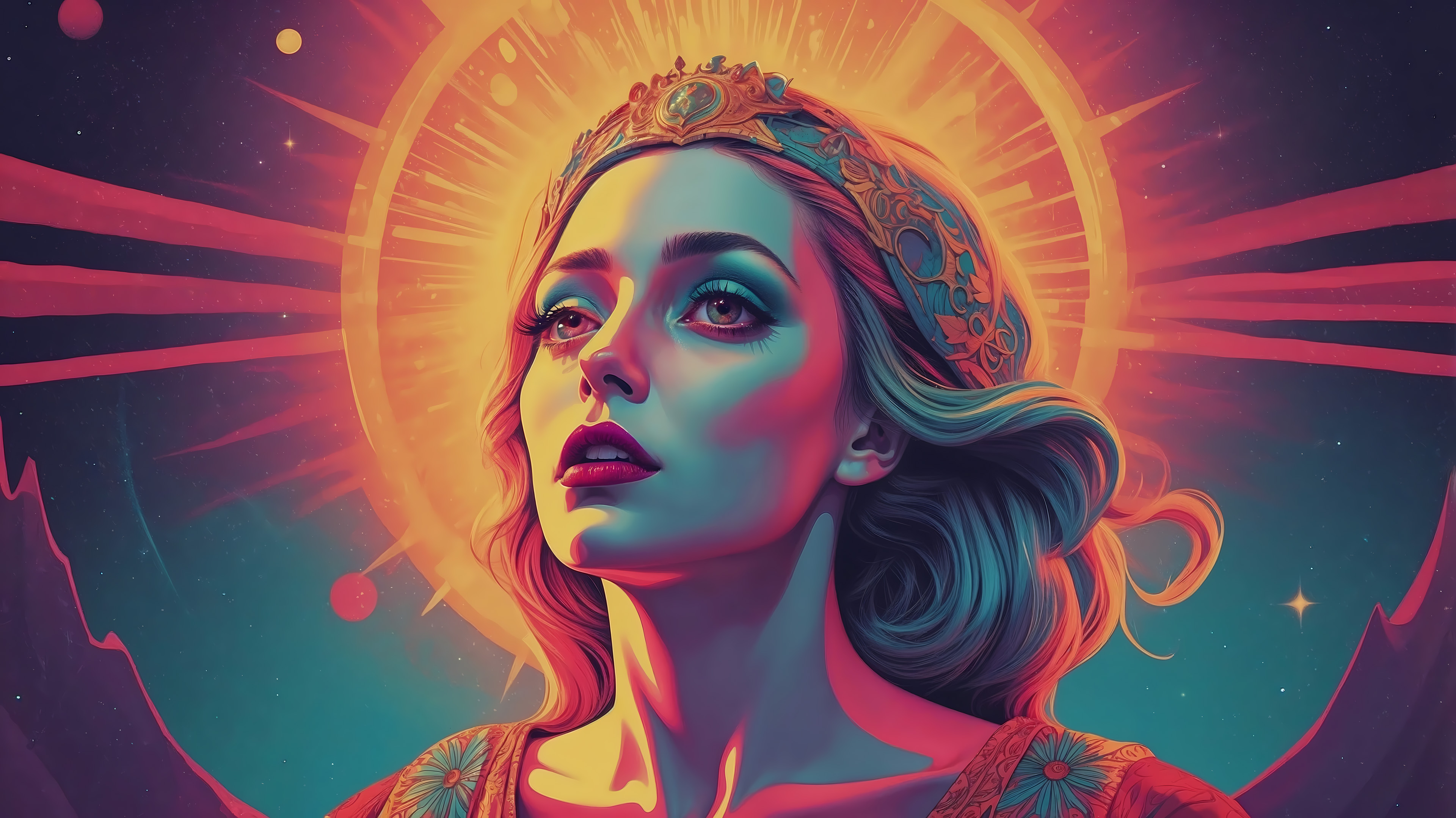 Turquoise cosmic goddess blazes with solar electronica fury, golden crown exploding like a supernova as magenta energy wings erupt behind her. Fierce gaze locked on destiny, “I am the Celestial of Fate” thundering through every burning ray.