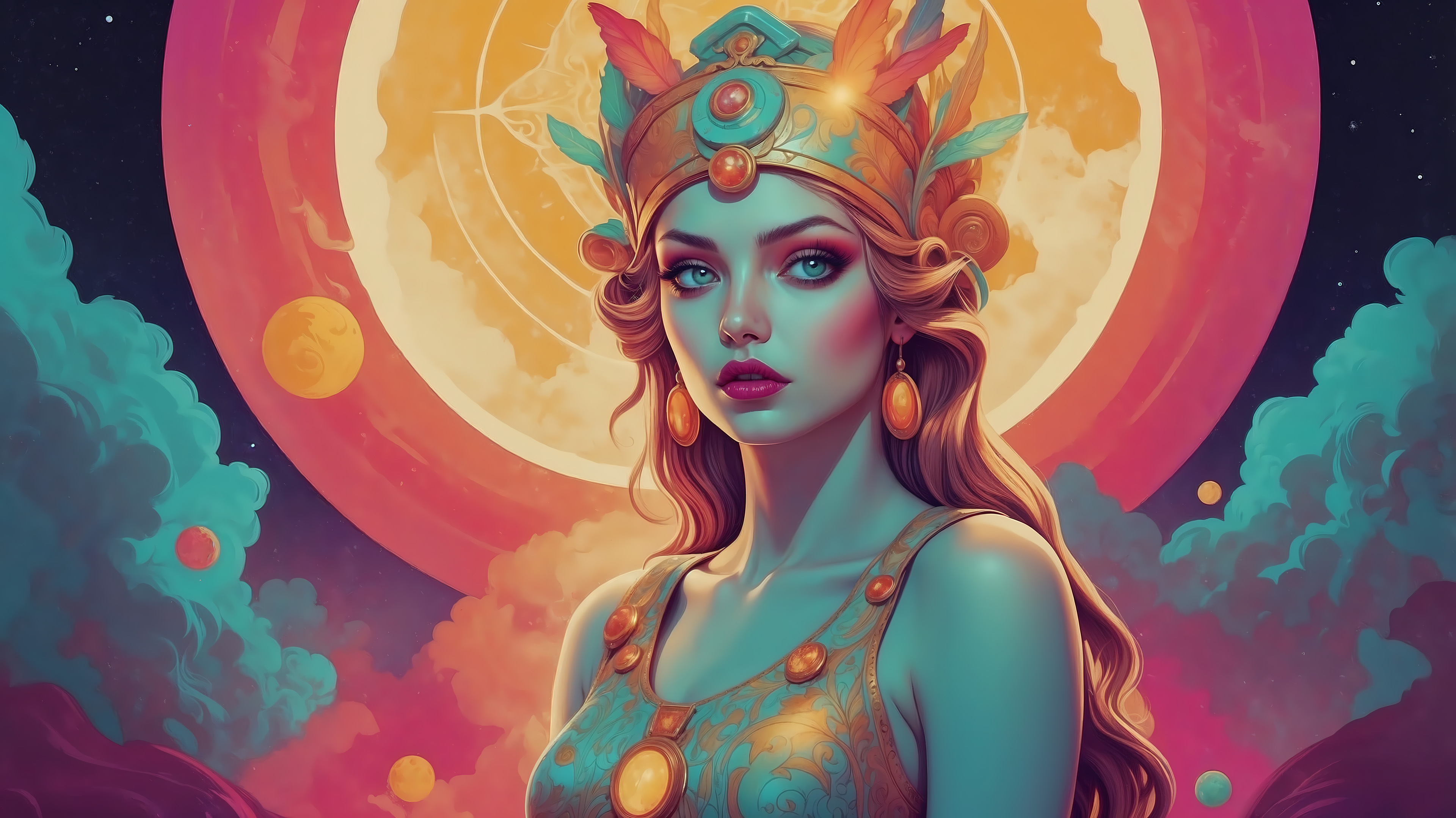 Turquoise-skinned cosmic siren goddess pulses with raw electronica energy, her ornate golden headdress blazing like a supernova while ethereal female vocals and heavy basslines thrum through her veins. Swirling teal and magenta nebulae, floating planets, and a massive orange-pink energy field orbit her hypnotic azure gaze — the living embodiment of “I am the Celestial of Fate” vibrating through the void in hypnotic, destiny-drenched trance.
