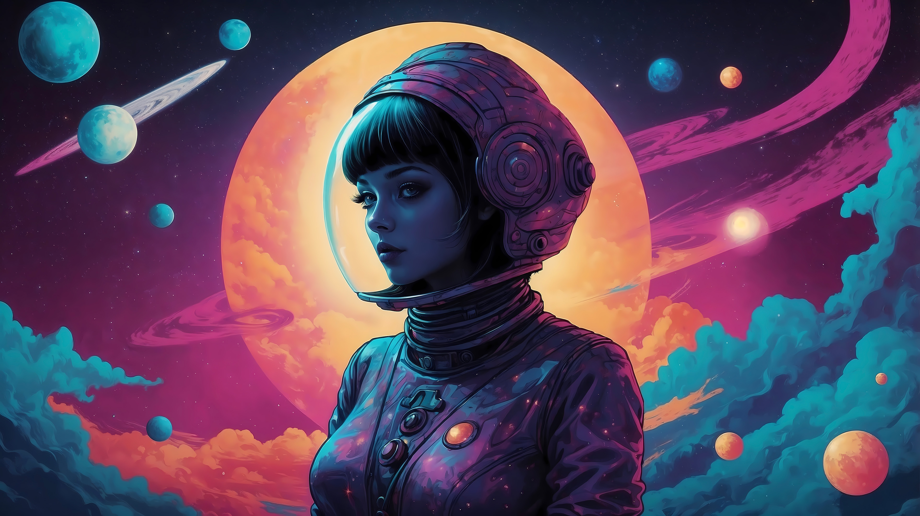 High quality illustration of a young woman wearing a space helmet. She's surrounded by the cosmos, orbs and moons. Highly colorful, pinks, blues, purples.