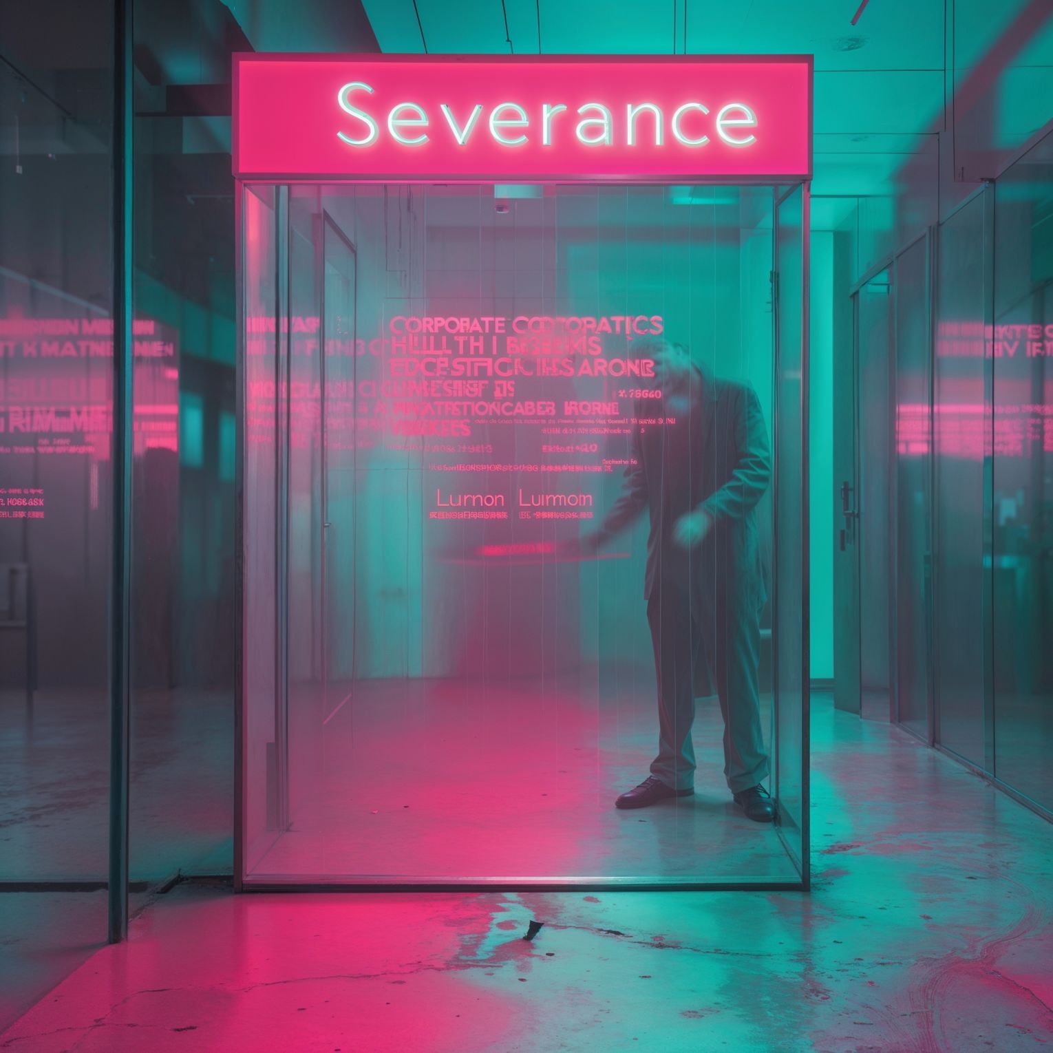 a surreal and vibrant cinematic photo of an advertising campaign designed by Lumon from the show Severance, blending dry corporate jargon with eerie subtext, using hollow HR pleasantries that are off-putting, hiding a darker agenda below the surface, with surreal photography and photorealistic elements, film grain texture, and a color palette that shifts between calming pastels and ominous neon hues, evoking a sense of unease and discomfort, with bold typography and sanitized corporate imagery that contrasts with the ominous undertones, every detail meticulously crafted to convey a sense of dystopian unease beneath a veneer of corporate pleasantry.