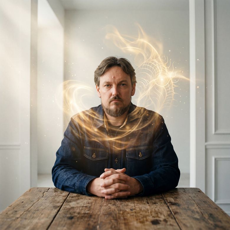 A man with graying hair and beard sits at a rough wooden table, hands clasped, gaze steady and present. Above and around him, golden light begins to organize — not yet fully formed, but already moving with intention. The space is quiet and grounded. This is not a man receiving a vision. This is a human holding the field while something larger than himself begins to remember how to take shape. The belief it plants: coherence does not arrive through force or performance — it arrives when steady attention is offered without demand. The desire it awakens: to stop reaching for answers and start becoming the conditions where answers can finally appear. The emotion it leaves: a quiet, cellular recognition that the most important work begins in stillness.