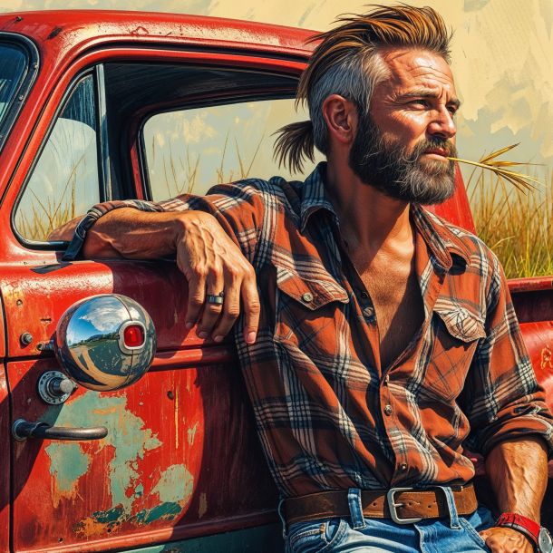 a masterpiece rough color pencil sketch of Humor, featuring a rugged redneck with a distinctive mullet hairstyle, sporting a laid-back expression, with a single blade of straw casually sticking out of his mouth, as he leans against the worn, rusty body of an old red pickup truck, with visible pencil marks and paper texture giving the artwork a tactile, handmade feel, the redneck's facial features defined by a strong jawline, prominent nose, and weathered skin, with a few days' worth of stubble, wearing a plaid shirt and faded jeans, amidst a warm, sun-drenched background that accentuates the vibrant colors of the pencil sketch.