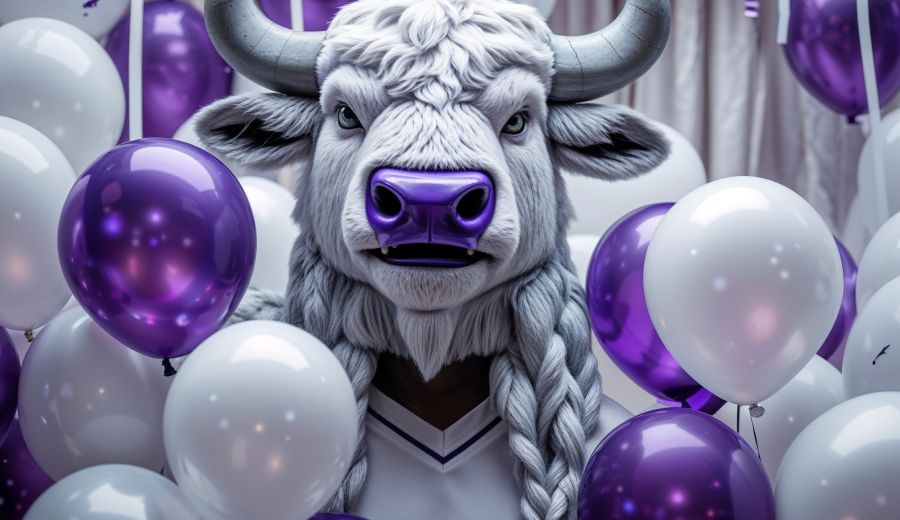 A cinematic keyframe of a 10 year high school reunion, set against a backdrop of white and purple balloons and streamers, with a white buffalo mascot prominently displayed, capturing the essence of THS school spirit, with a shallow depth of field, vignette, and bokeh effects, shot on Kodak Porta 400 and Cinestill 800 film, using a Leica M10 camera, with cinematic color grading and lighting, inspired by the styles of Maciej Kuciara, Jama Jurabaev, and Wojtek Fus, featuring a warm and nostalgic color palette, with a filmic texture and a sense of nostalgia and reminiscence.