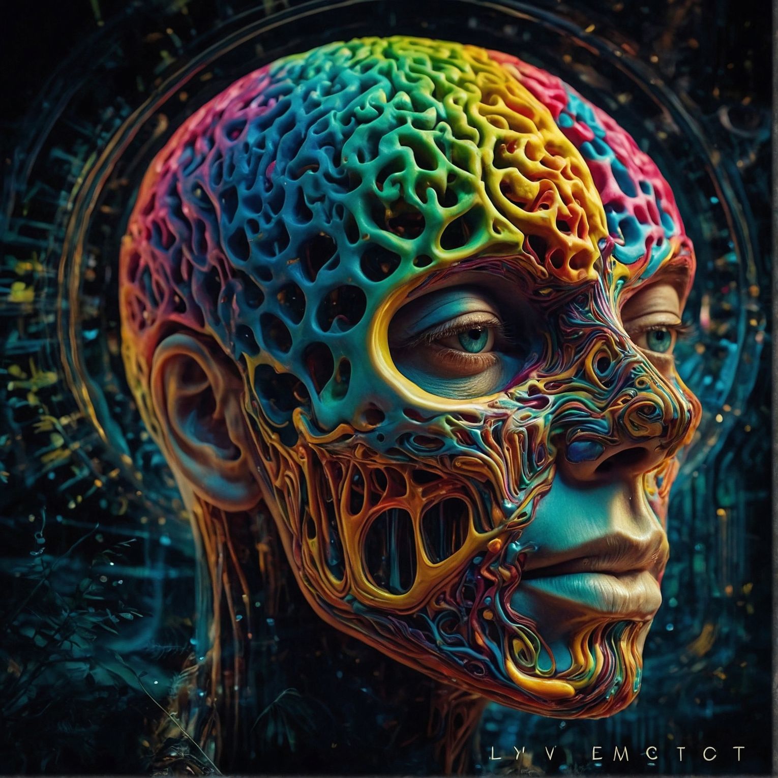 Artwork. Close up portrait of a human-like face with its structure exposed. A rainbow colored brain. Generated by LeonardoAI.