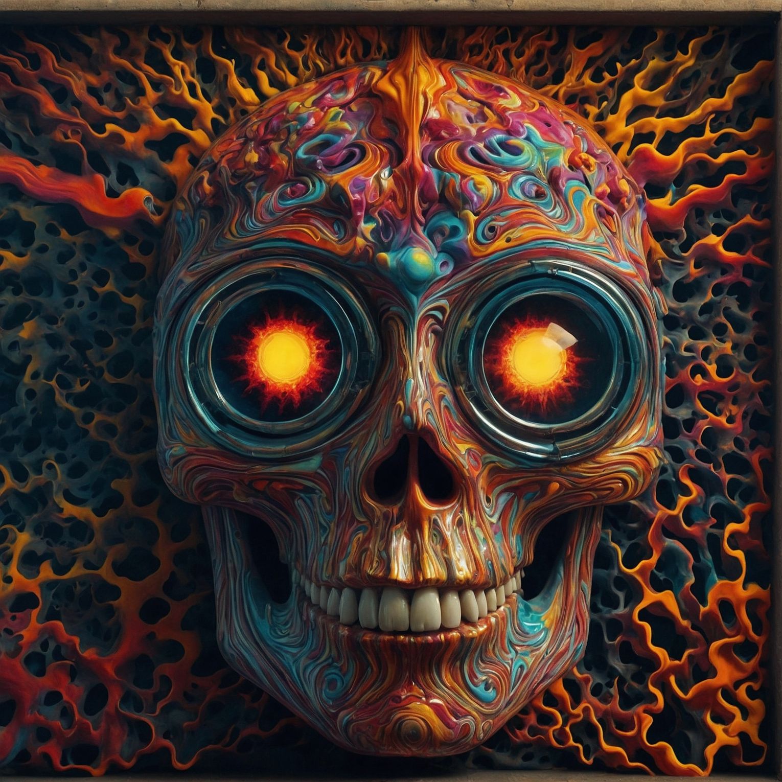 Artwork. A rainbow woodgrain skull with glowing sun-like camera lenses for eyes. It's multi-colored swirling brain is exposed and the background is coral mimicking fire. Generated by LeonardoAI.