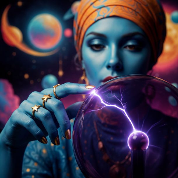 A blue-skinned woman with an intense, focused expression touches a plasma globe with one finger. She wears an orange headwrap and gold jewelry. A thin stream of bright plasma arcs from her fingertip to the glowing center of the globe. The background is filled with planets and cosmic light, suggesting a brief but charged moment of contact between two different kinds of awareness.