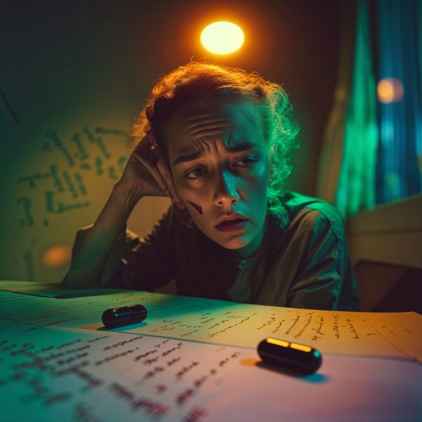 a surreal and vibrant cinematic photo of a person with a contemplative face, exhibiting sorrow, confusion, and a hint of narcissism, in a dimly lit room with subtle film grain effect, photorealistic details, and a color palette conveying introspection and self-awareness, the person is seated with a black pill nearby, surrounded by faint hints of written notes and scattered thoughts in elegant cursive font, with warm golden light spilling in from the side, illuminating their face and highlighting their introspective expression, shallow depth of field emphasizes their emotional state, cinematic color grading and lighting are applied, with a vignette and bokeh effect, resembling the aesthetic of Kodak Porta 400 and Cinestill 800 films, captured with a Leica M10, evoking a sense of cinematic storytelling.