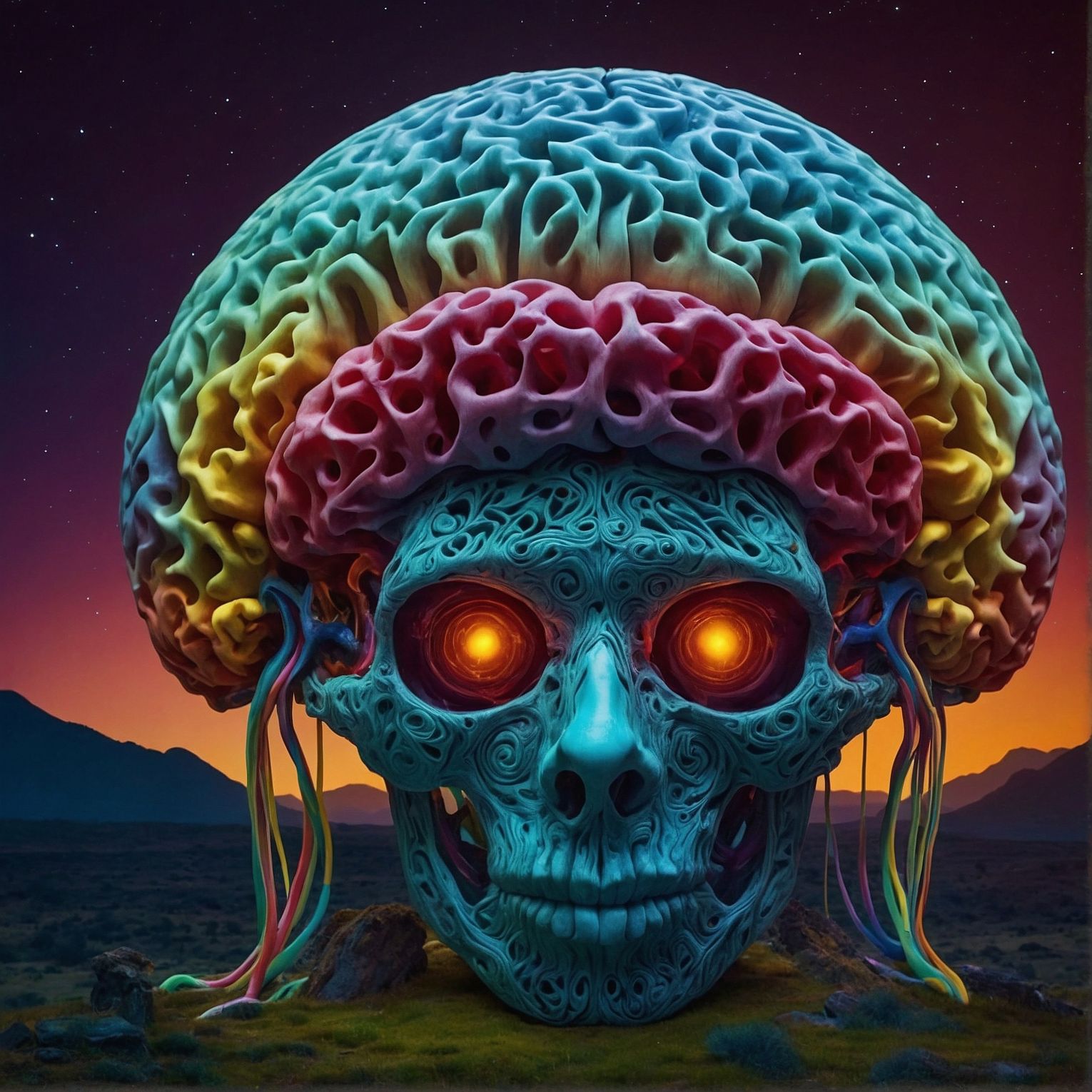 Artwork. Intense detail. A large cyan skull with glowing orange eyes. It has a large, oversized rainbow colored brain that looks like a coral afro. Generated by LeonardoAI.