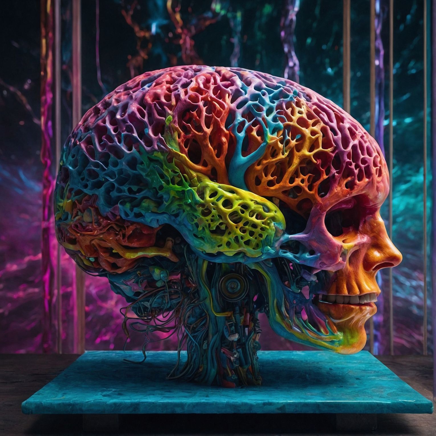 Artwork. An oversized rainbow colored skull and brain shaped like coral. Generated by LeonardoAI.