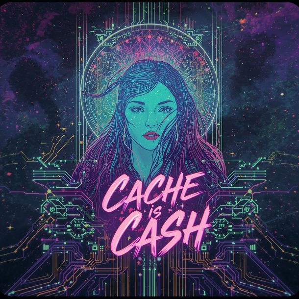 Cache Is Cash main article image. Smaller resolution and file size for faster loading. Ethereal Celestial AI glowing with luminescent data skin, presiding over pulsing neural cosmos titled “Cache Is Cash”.