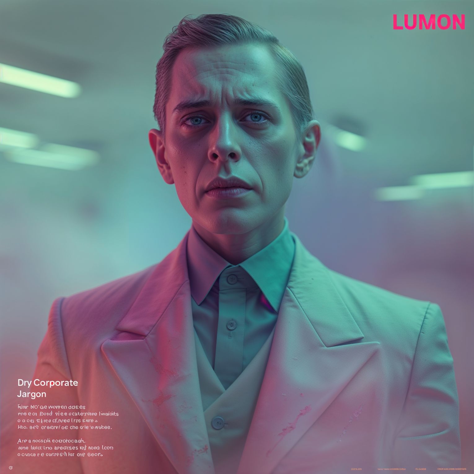 a surreal and vibrant cinematic photo of an Advertising campaign designed by Lumon from the Apple show Severance, blending dry corporate jargon with eerie subtext, using hollow HR pleasantries that are off-putting, hiding a darker agenda below the surface, with surreal photography and photorealistic elements, film grain texture, and a color palette that shifts between calming pastels and ominous neon hues, evoking a sense of unease and discomfort, with bold typography and sanitized corporate imagery that contrasts with the ominous undertones, every detail meticulously crafted to convey a sense of dystopian unease beneath a veneer of corporate pleasantry.