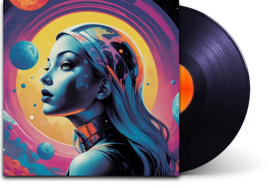 The Mortal Testament: Celestial of Fate album with vinyl protruding from the side. Colorful, vibrant, cosmic.