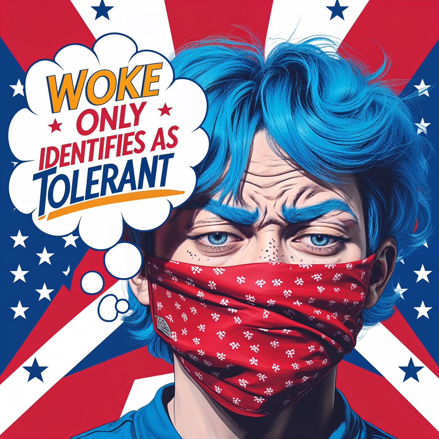 A vibrant and bold professional graphic design in pop art style, reminiscent of 1940s American propaganda posters, with a patriotic tone, featuring a central image of a college kid with bright blue hair and a thought bubble, surrounded by red, white, and blue colors, with bold sans-serif fonts and dynamic graphics, the text Woke only identifies as tolerant emblazoned in a stylized, cursive font with golden outlines, with stars and stripes patterns in the background, the majority of the person's face is covered by a red and white bandana, the person's pale skin tone and facial features contorted in a comical expression of disappointment, with exaggerated eyebrows and a few visible freckles, the overall design exuding a sense of satire and humor, with clean lines, geometric shapes, and a mix of digital and hand-drawn elements, blending nostalgia with modern pop art sensibilities.