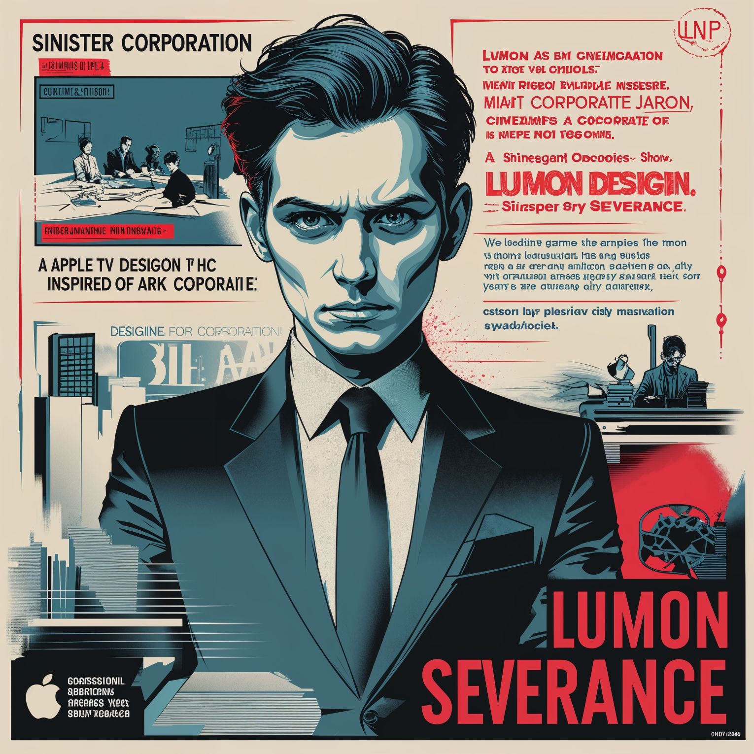 Professional graphic design in a pop art style for an advertising campaign inspired by the Apple TV show Severance, designed by Lumon, a sinister corporation with a dark agenda, blending elegant cinemagraphic elements with eerie subtext, using hollow HR pleasantries and dry corporate jargon to convey an off-putting sense of unease, with a bold color palette and stylized typography, incorporating subtle symbolism and hints of mind games and psychological manipulation, all while maintaining a polished and sophisticated visual aesthetic.