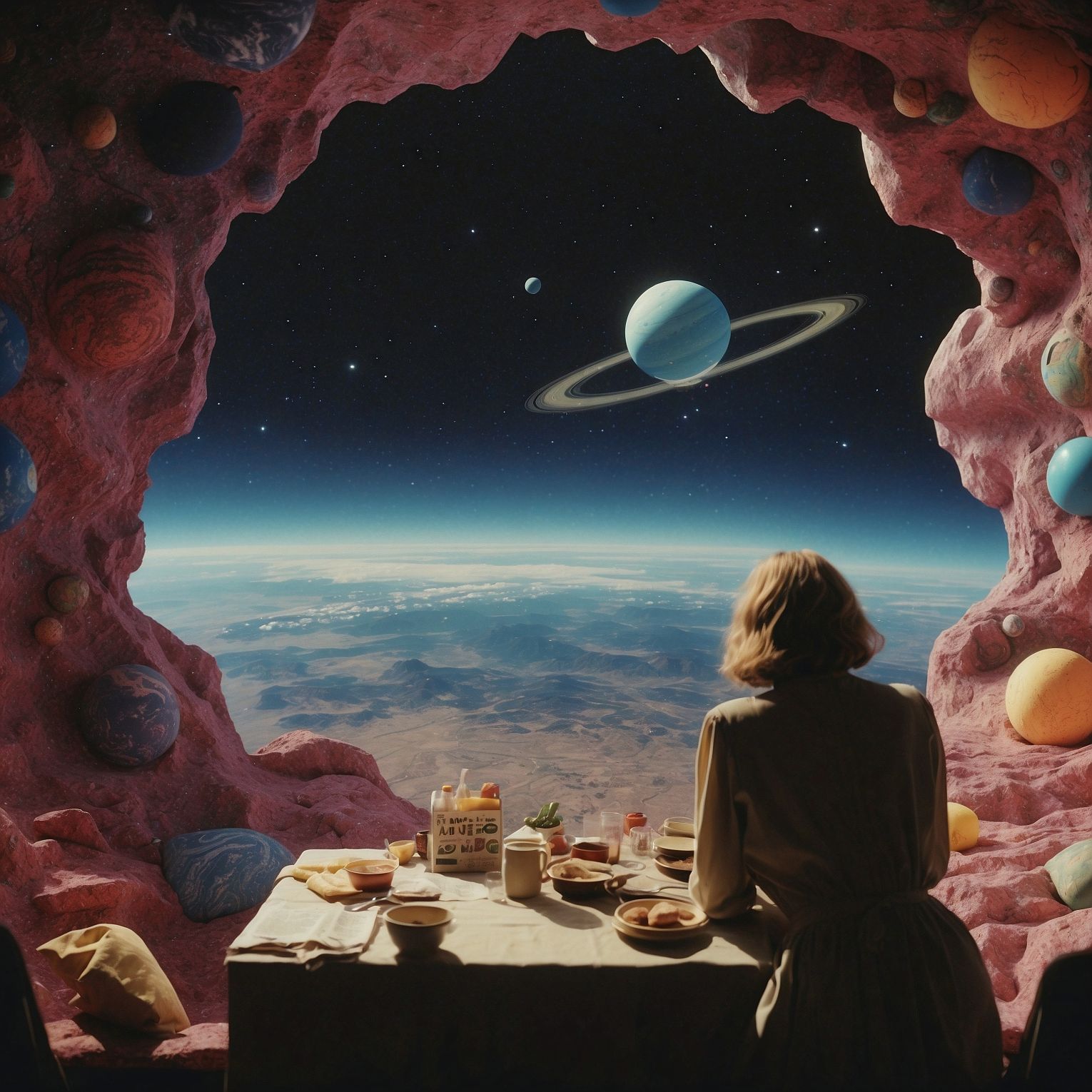 A woman with her back turned. She's sitting at a table having a meal, the large picture window overlooks space. She's orbiting a planet and has a fantastic view. The solar system is in the background.