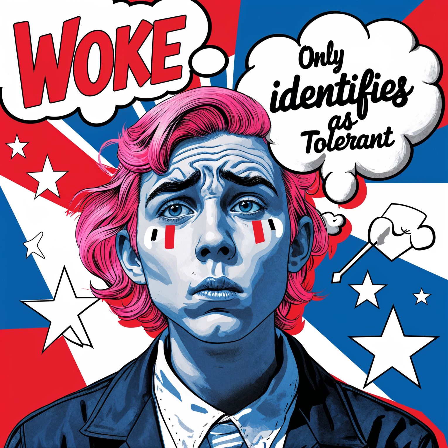 A vibrant and bold professional graphic design in pop art style, reminiscent of 1940s American propaganda posters, with a patriotic tone, featuring a central image of a college kid with pink hair with a thought bubble, surrounded by red, white, and blue colors, with bold fonts and dynamic graphics, the text "Woke only identifies as tolerant" emblazoned in a stylized, cursive font, with stars and stripes patterns in the background, the person's facial features contorted in a comical expression of disappointment, with a pale skin tone and exaggerated eyebrows, the overall design exuding a sense of satire and humor, with clean lines, geometric shapes, and a mix of digital and hand-drawn elements, blending nostalgia with modern pop art sensibilities.
