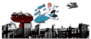 Sci-fi pinup model riding a bomb as it drops onto a city.