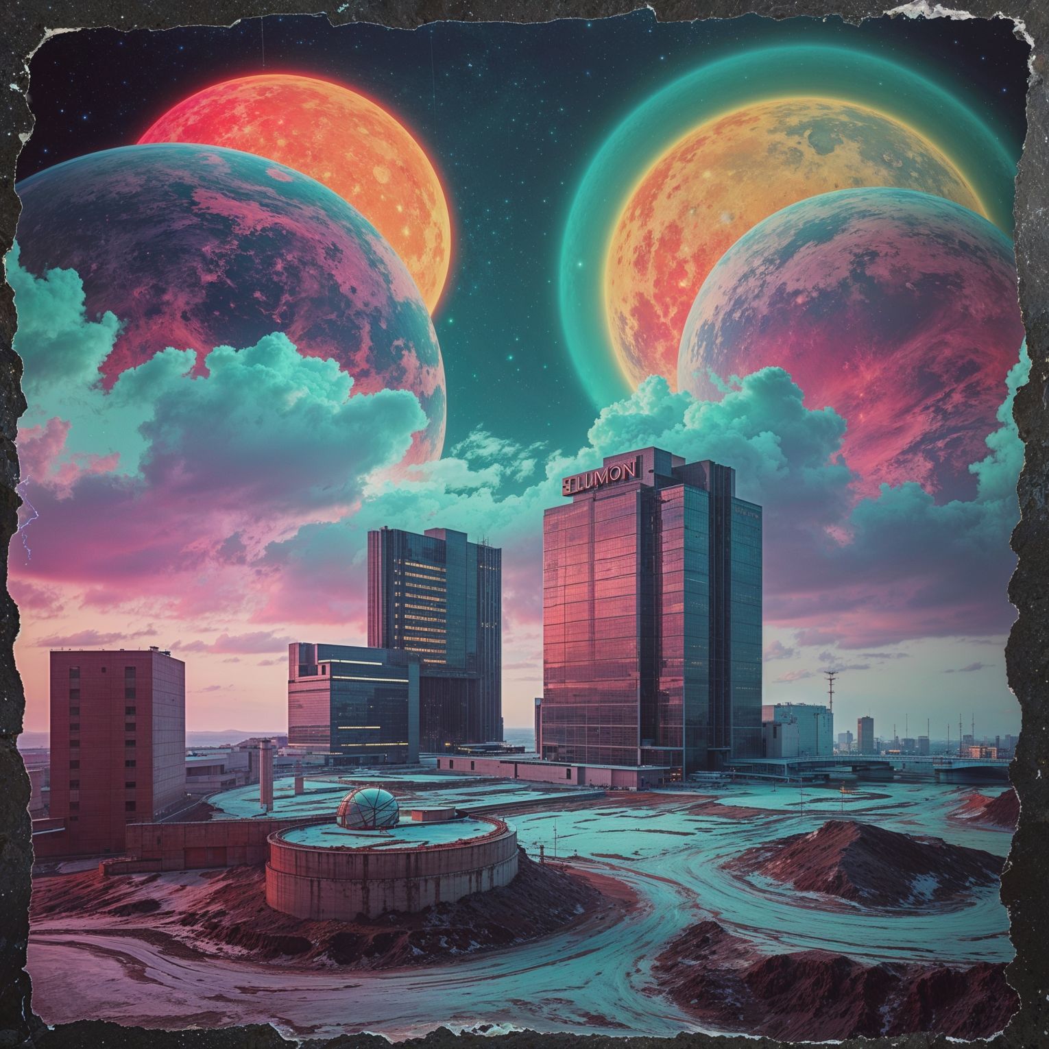 A surreal and vibrant cinematic photo designed by Lumon from the show Severance. Surreal photography and photorealistic elements, film grain texture, and a color palette that shifts between calming pastels and ominous neon hues, evoking a sense of unease and discomfort, every detail meticulously crafted to convey a sense of dystopian unease beneath a veneer of corporate pleasantry. The image is about existing in a universe that is a bit off-putting and unnerving. It's a cosmic look at corporate life, placing a dystopian office scene among tarot-styled planets and cosmic features. It suggests that the work continues long after death and there's no escape from the toil. The image hints at madness, a losing of one's mind blending quiet desperation with complete hallucination. The image is a cautionary tale of a lost soul.
