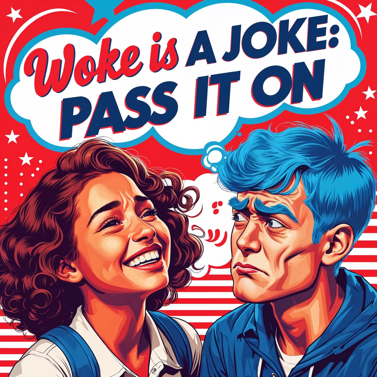 A vibrant and bold professional graphic design in pop art style, reminiscent of 1940s American propaganda posters, with a patriotic tone, featuring a central image of a bright and joyful college girl with curly brown hair and a warm smile, whispering a secret to a college boy with bright blue hair, his facial features contorted in a comical expression of disappointment with exaggerated eyebrows and a furrowed brow. A thought bubble, surrounded by red, white, and blue colors, with bold fonts and dynamic graphics, the text Woke Is A Joke: Pass It On emblazoned in a stylized, cursive font, with stars and stripes patterns in the background, blending nostalgia with modern pop art sensibilities, and clean lines, geometric shapes, and a mix of digital and hand-drawn elements, exuding a sense of satire and humor.