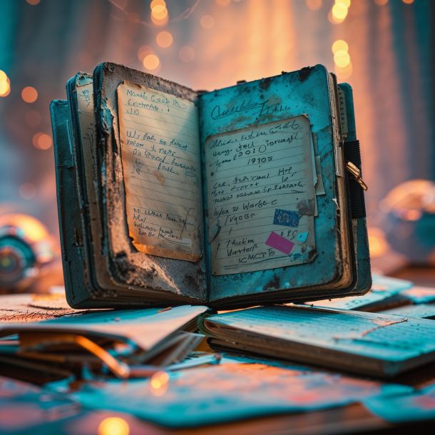Discovering an old teenage journal from the 1990s, with worn and faded covers, filled with handwritten notes and nostalgic memorabilia, set against a soft, warm, and cinematic background, illuminated by cinematic lighting, with shallow depth of field, vignette, and bokeh effects, captured with a film-like aesthetic, reminiscent of Kodak Porta 400 and Cinestill 800, shot with a Leica M10, and infused with a cinematic color grading, blending the styles of Maciej Kuciara, Jama Jurabaev, and Wojtek Fus, with a focus on nostalgic and sentimental details.