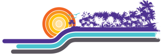 Retro sun with stripes and purple palm trees.