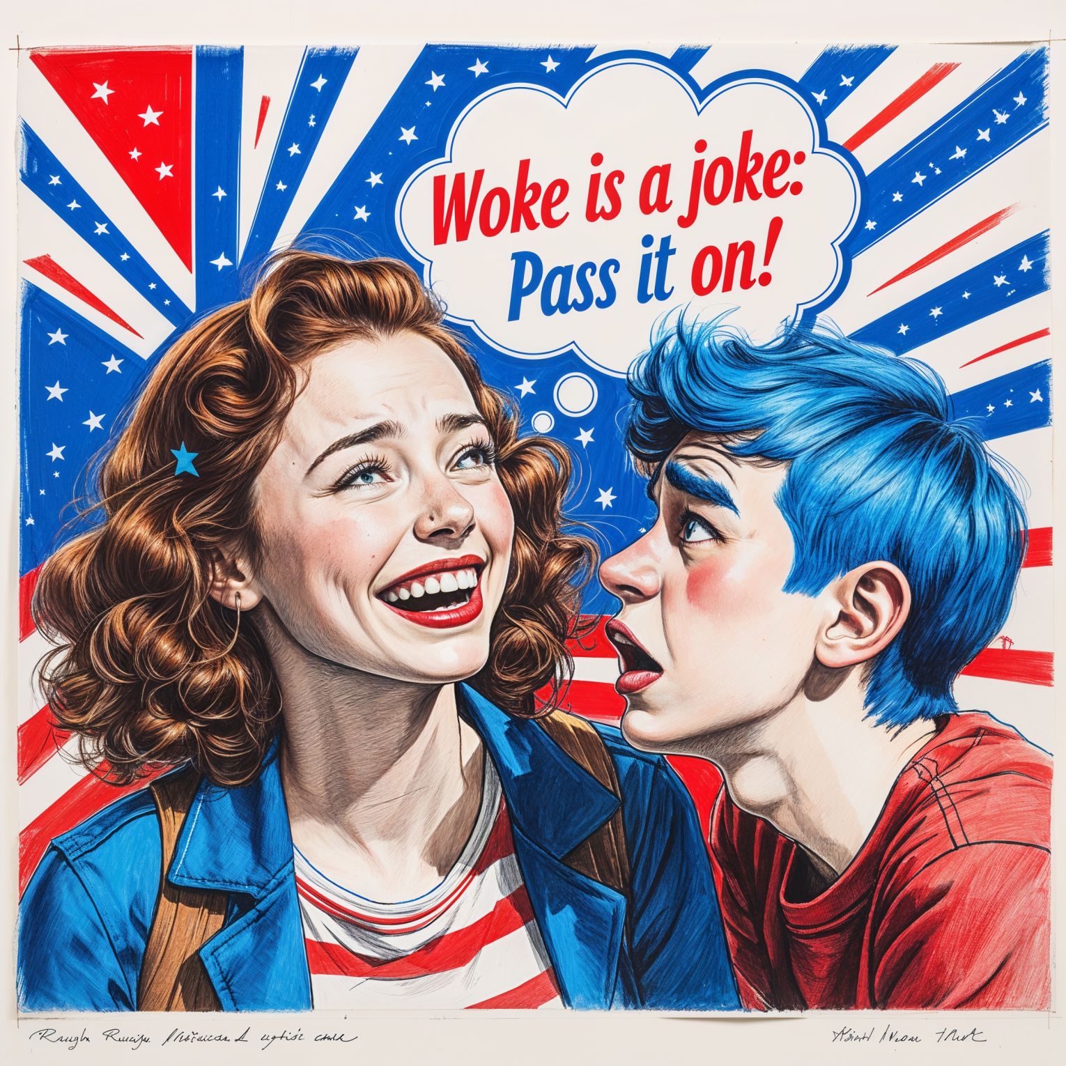 a masterpiece rough color pencil sketch of a vibrant and bold professional graphic design in pop art style, reminiscent of 1940s American propaganda posters, with a patriotic tone, featuring a central image of a bright and joyful college girl with curly brown hair and a warm smile, whispering a secret to a college boy with blue hair, his facial features contorted in a comical expression of disappointment with exaggerated eyebrows and a shocked gaze, against a backdrop of red, white, and blue colors, with bold fonts and dynamic graphics, a thought bubble surrounding the text "Woke Is A Joke: Pass It On" emblazoned in a stylized, cursive font, with stars and stripes patterns, clean lines, geometric shapes, and a mix of digital and hand-drawn elements, blending nostalgia with modern pop art sensibilities, with visible pencil marks and paper texture.