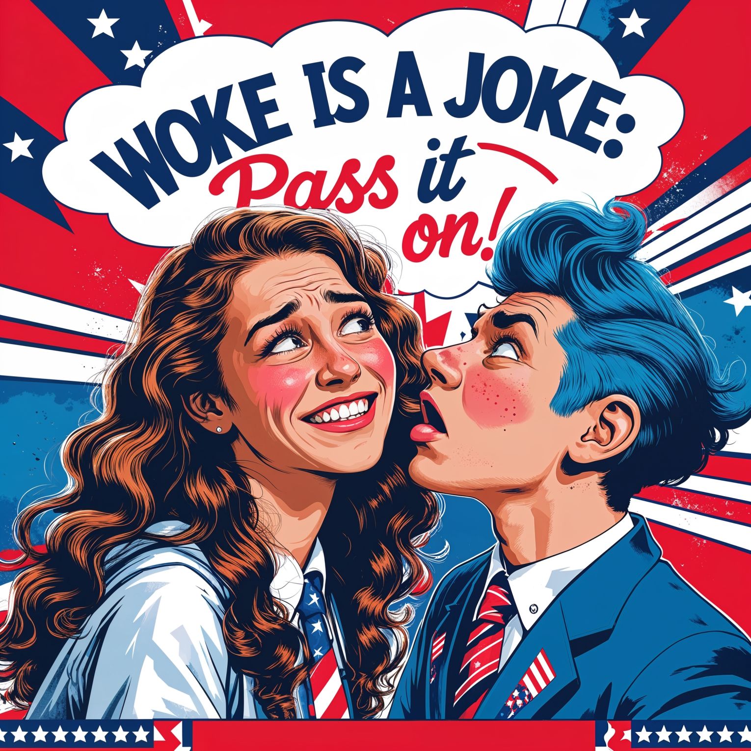 A vibrant and bold professional graphic design in pop art style, reminiscent of 1940s American propaganda posters, with a patriotic tone, featuring a central image of a college girl with long, curly brown hair and a bright smile, whispering a secret into the ear of another college boy with blue hair, styled in a messy pompadour, and facial features contorted in a comical expression of disappointment with exaggerated, rounded eyebrows and a shocked gaze, against a backdrop of red, white, and blue colors, with bold fonts and dynamic graphics, a thought bubble surrounds the text "Woke Is A Joke: Pass It On" emblazoned in a stylized, cursive font with stars and stripes patterns, blending nostalgia with modern pop art sensibilities, clean lines, geometric shapes, and a mix of digital and hand-drawn elements, exuding a sense of satire and humor.