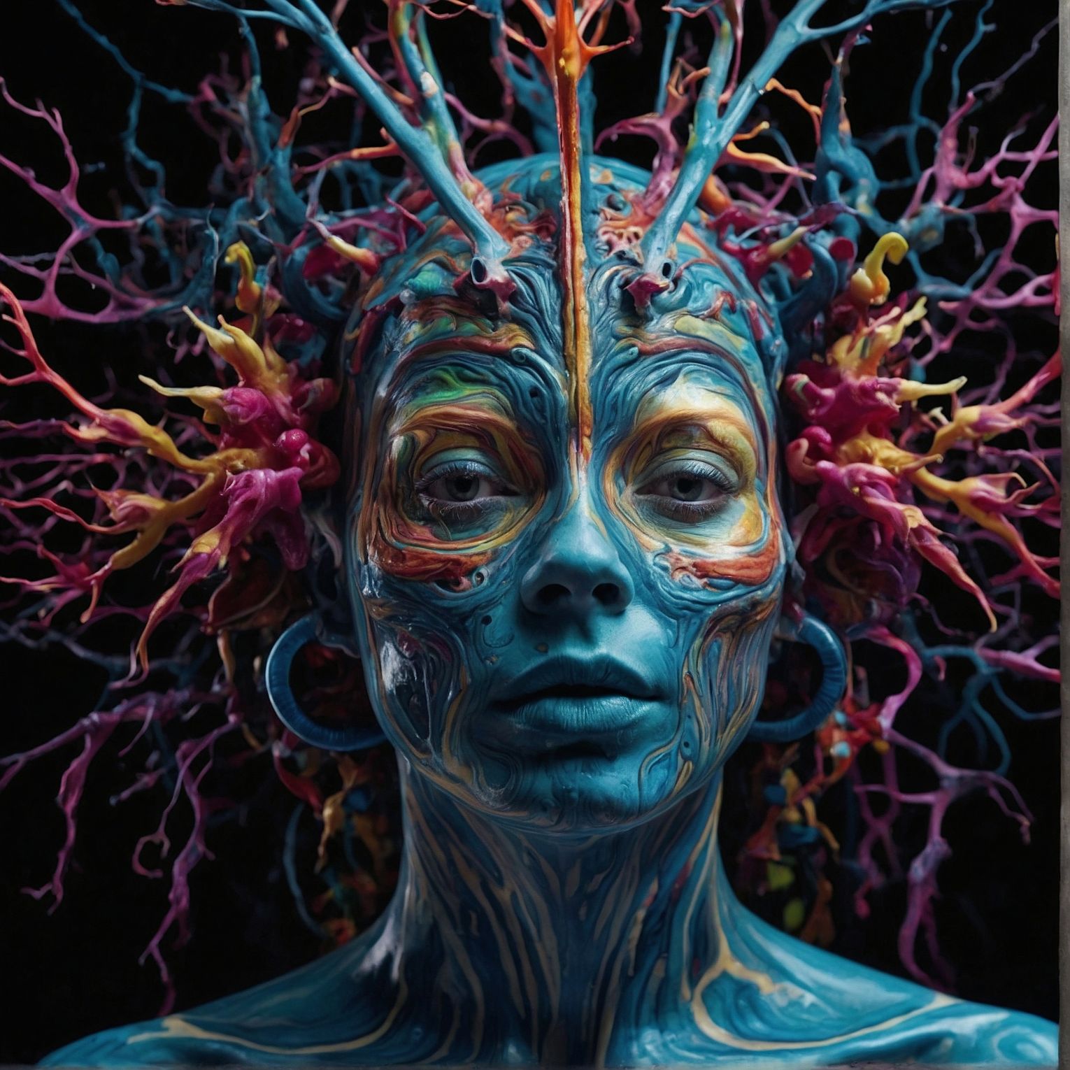 Fascinating artwork. A woman's face painted blue with details that look woodgrain. A chaotic, rainbow-colored root system protrudes from her head. A neurodivergent brain. LeonardoAI.
