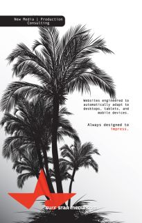 Surf Star Media black and white palm tree silhouette magazine advertisement.