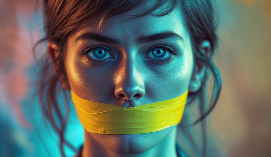 a surreal and vibrant cinematic photo of a close-up image of a person with a determined gaze, yellow tape tightly wrapped around their mouth, silencing the truth, set against a blurred abstract background with a mix of warm and cool colors, surreal photography style, photorealistic texture, subtle film grain effect, high contrast lighting, and a shallow depth of field to emphasize the subject's emotional expression, with the yellow tape serving as a striking symbol of oppression and silence.