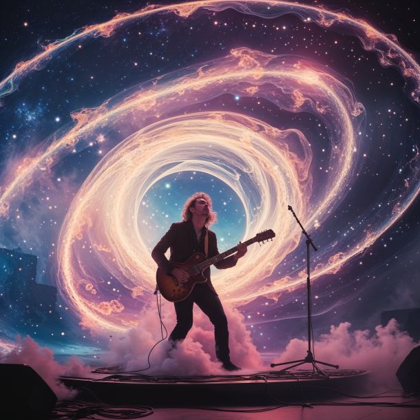A swirling cosmic vortex of raw musical energy erupting from a lone guitarist on a dimly lit stage, his face etched with vulnerable passion as imperfect sound waves manifest as glowing, ethereal auras—blending Ananke's unshakable truths in starry constellations, Zeus's balanced scales tipping with justice, and swirling humanities motifs like ancient scrolls and modern memes. The scene pulses with magnetic vibe, inspiring awe and connection, in a hyper-realistic style with vibrant contrasts of shadow and light, evoking the human condition's unproduced symphony.
