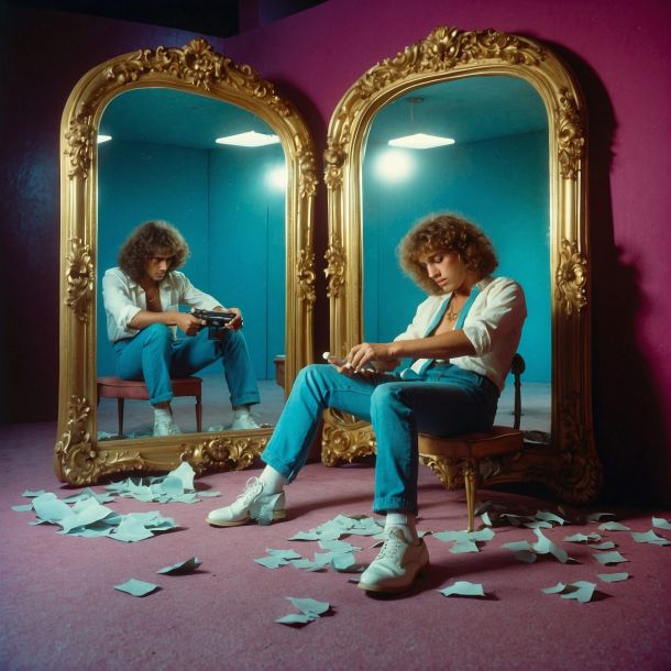 1980s. A frustrated young man sits in front of a mirror. He's writing and torn pages sit on the floor all around him.