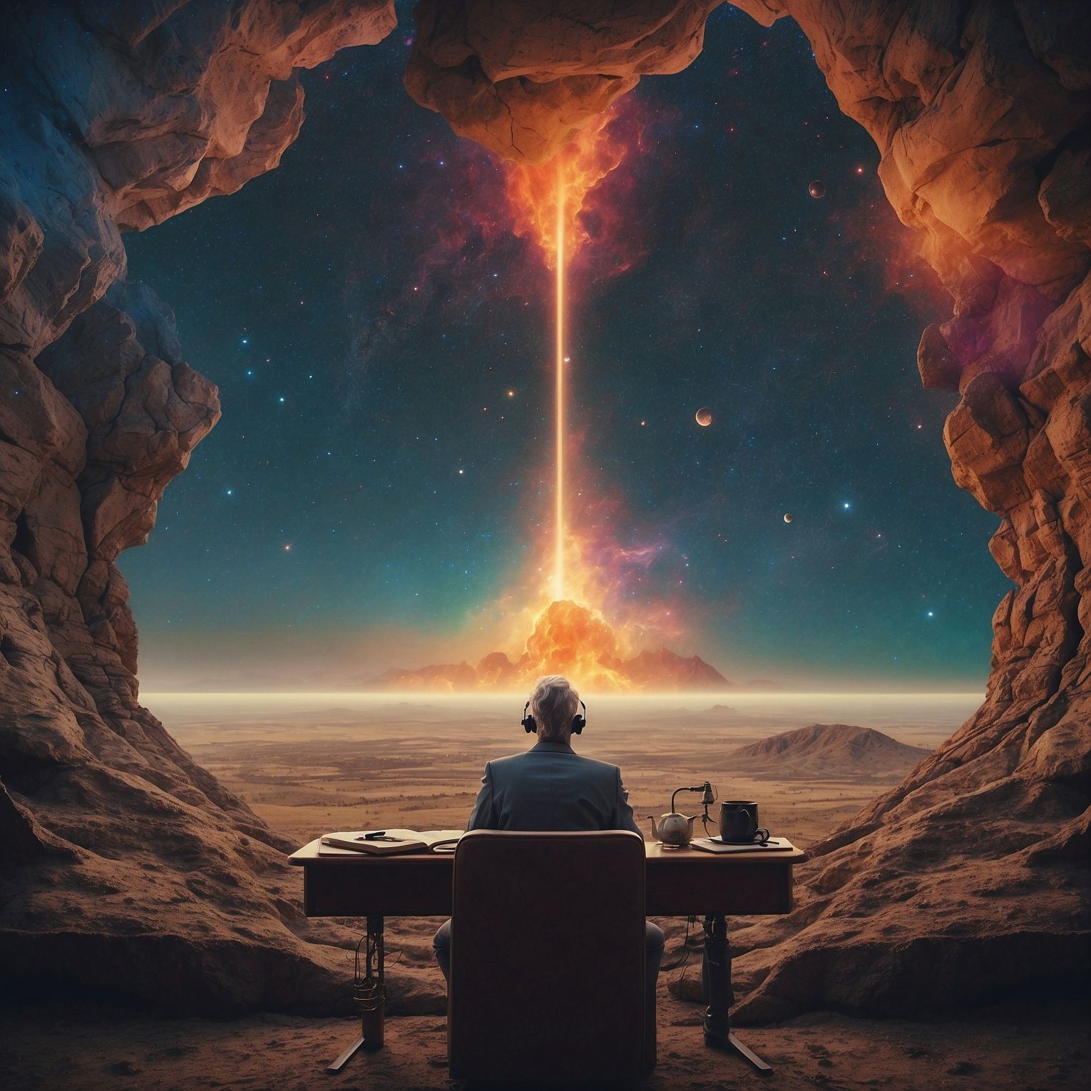 A man sits at a desk that overlooks the entire world. A large beam of light descends from the cosmos, exploding upon the planet.