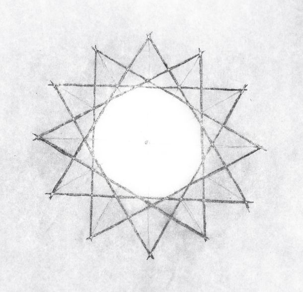 Hand drawn sketch of a 12 point star. The foundation of The Final Book cover art.