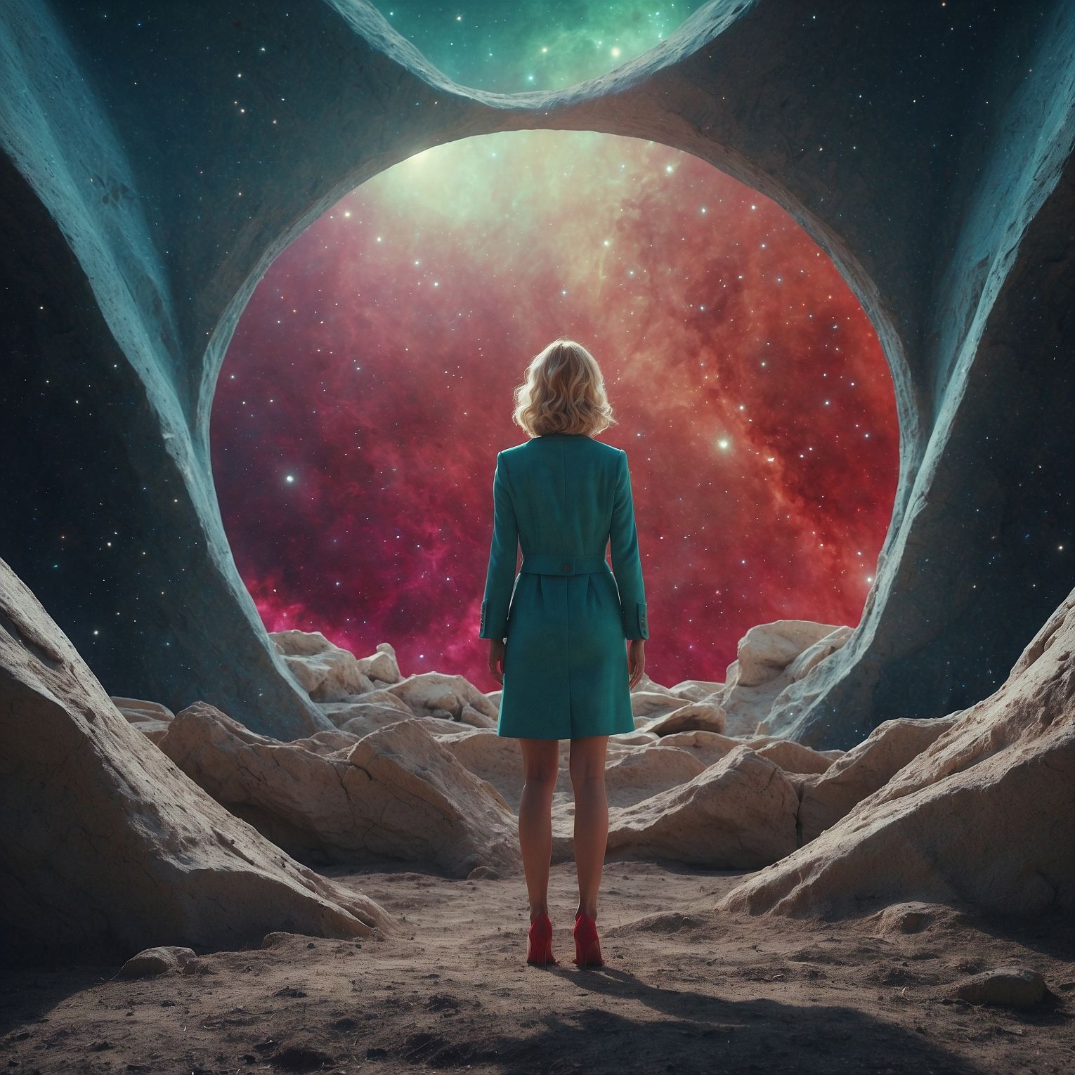 A woman standing before a hole in the ground against a backdrop of space. Generated by LeonardoAI.