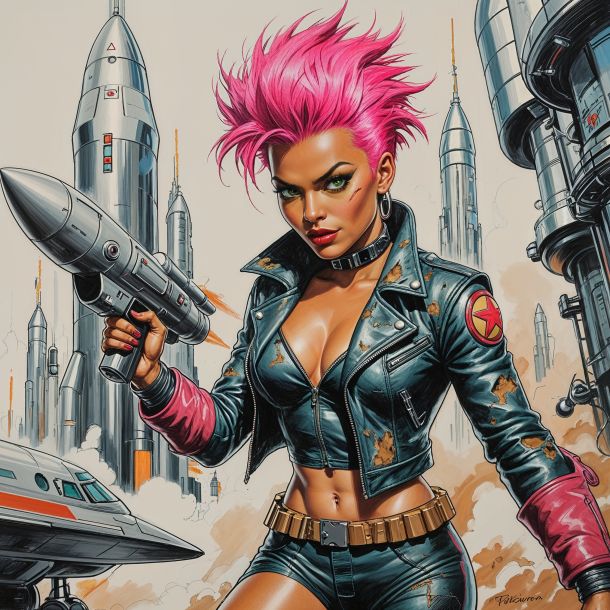a masterpiece rough color pencil sketch of a fierce female space hero named Natalie with vibrant pink punk-spiked hair and a worn torn leather jacket over a retro 1950s sci-fi spacesuit, stepping off a sleek rocket shuttle onto a dystopian planet cityscape with towering chrome spires and neon graffiti, holding a ray gun triumphantly, her expression a mix of charming sarcasm and defiant resolve, with piercing green eyes and smooth caramel skin, in the style of 1950s pulp sci-fi illustration twisted with punk rock anarchy, bold colors, dynamic pose, philosophical undertones of human rebellion against machines, with visible pencil marks and paper texture.