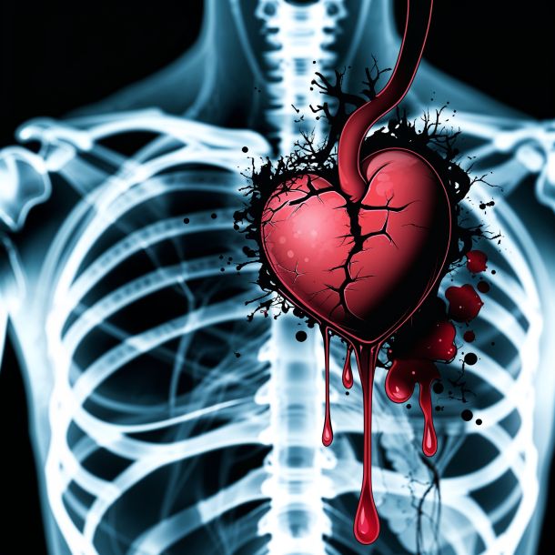 In the background, a highly detailed and realistic x-ray of a chest takes up the entire frame, with a subtle gradient of grays and whites, on top of which a high-resolution illustration of a broken heart is prominently placed where the heart would be, with blood dripping from the heartache in a dark crimson color, the broken heart illustration is rendered in a mix of bold lines and soft textures, with cinematic color grading and cinematic lighting applied to enhance the dramatic effect, the image features a shallow depth of field, a noticeable vignette, and a beautiful bokeh, reminiscent of photographs shot with kodak porta 400 film or cinestill 800, captured with a leica m10 camera, with a filmic quality to the overall aesthetic, and a carefully crafted color grading that amplifies the emotional impact of the scene.