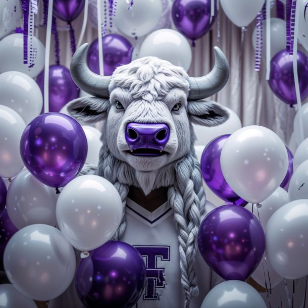 A cinematic keyframe of a 10 year high school reunion, set against a backdrop of white and purple balloons and streamers, with a white buffalo mascot prominently displayed, capturing the essence of THS school spirit, with a shallow depth of field, vignette, and bokeh effects, shot on Kodak Porta 400 and Cinestill 800 film, using a Leica M10 camera, with cinematic color grading and lighting, inspired by the styles of Maciej Kuciara, Jama Jurabaev, and Wojtek Fus, featuring a warm and nostalgic color palette, with a filmic texture and a sense of nostalgia and reminiscence.