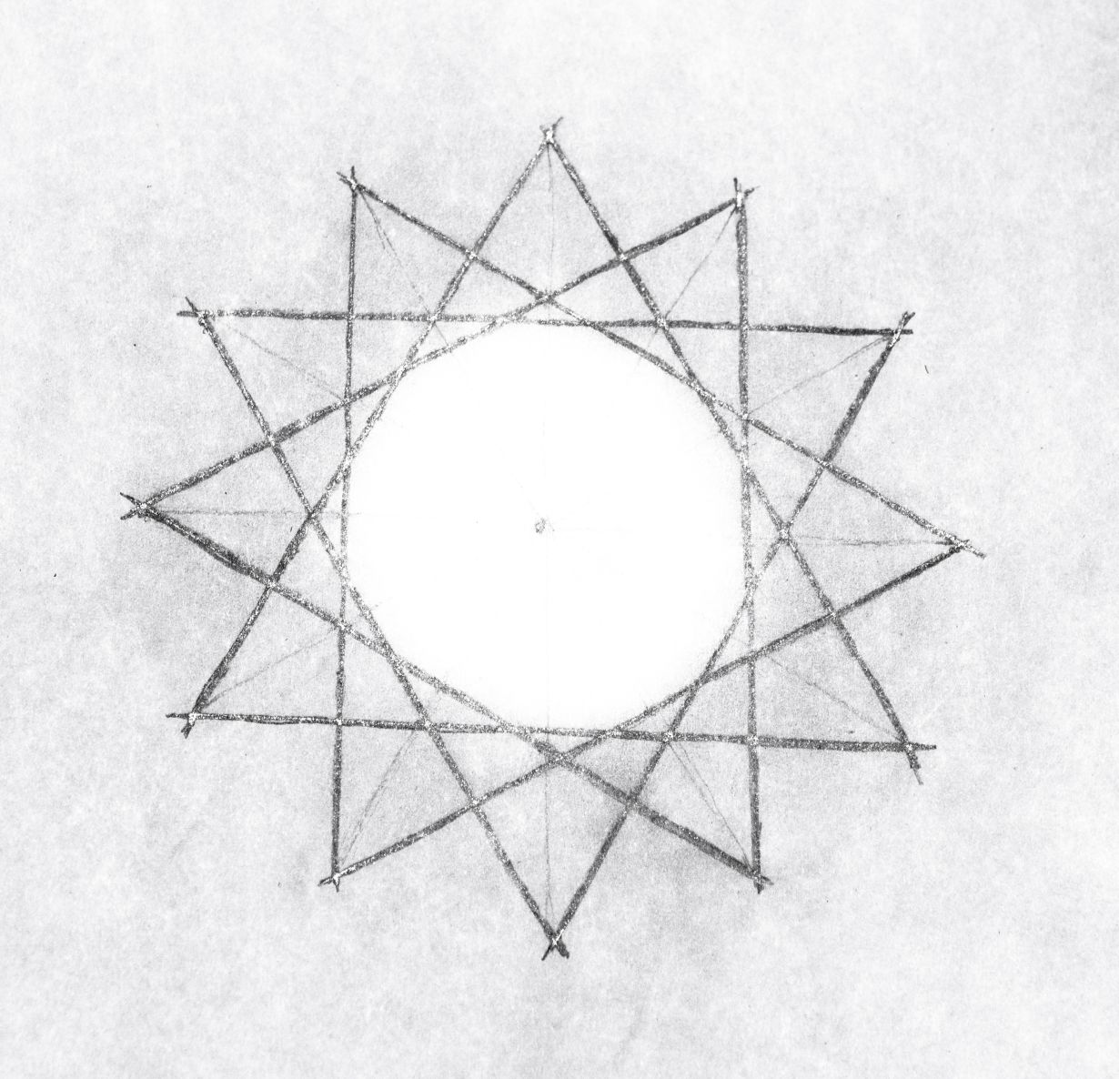 Hand drawn sketch of a 12 point star. The foundation of The Final Book cover art.