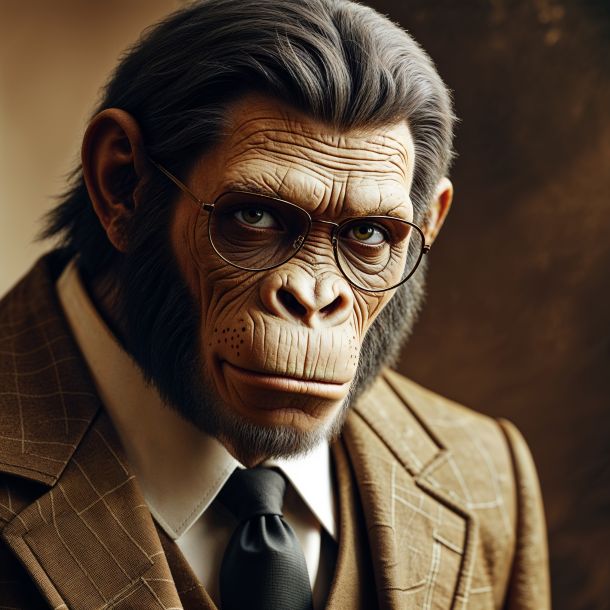 Artistic portrait photography of the 1970s, inspired by Planet of the Apes, featuring Dr Zaius, a sophisticated ape dressed in a traditional professor's attire, complete with a suit, tie, and spectacles, posing confidently like a human, with a serious expression, against a muted, earthy-toned background, lit with soft, warm lighting, emphasizing the subject's wise and intelligent facial features, with a slight hint of curiosity in his eyes, and a subtle, enigmatic smile, showcasing the ape's unique, humanoid characteristics, with meticulous attention to texture and detail, in a warm, sepia-toned color palette, reminiscent of vintage photography.