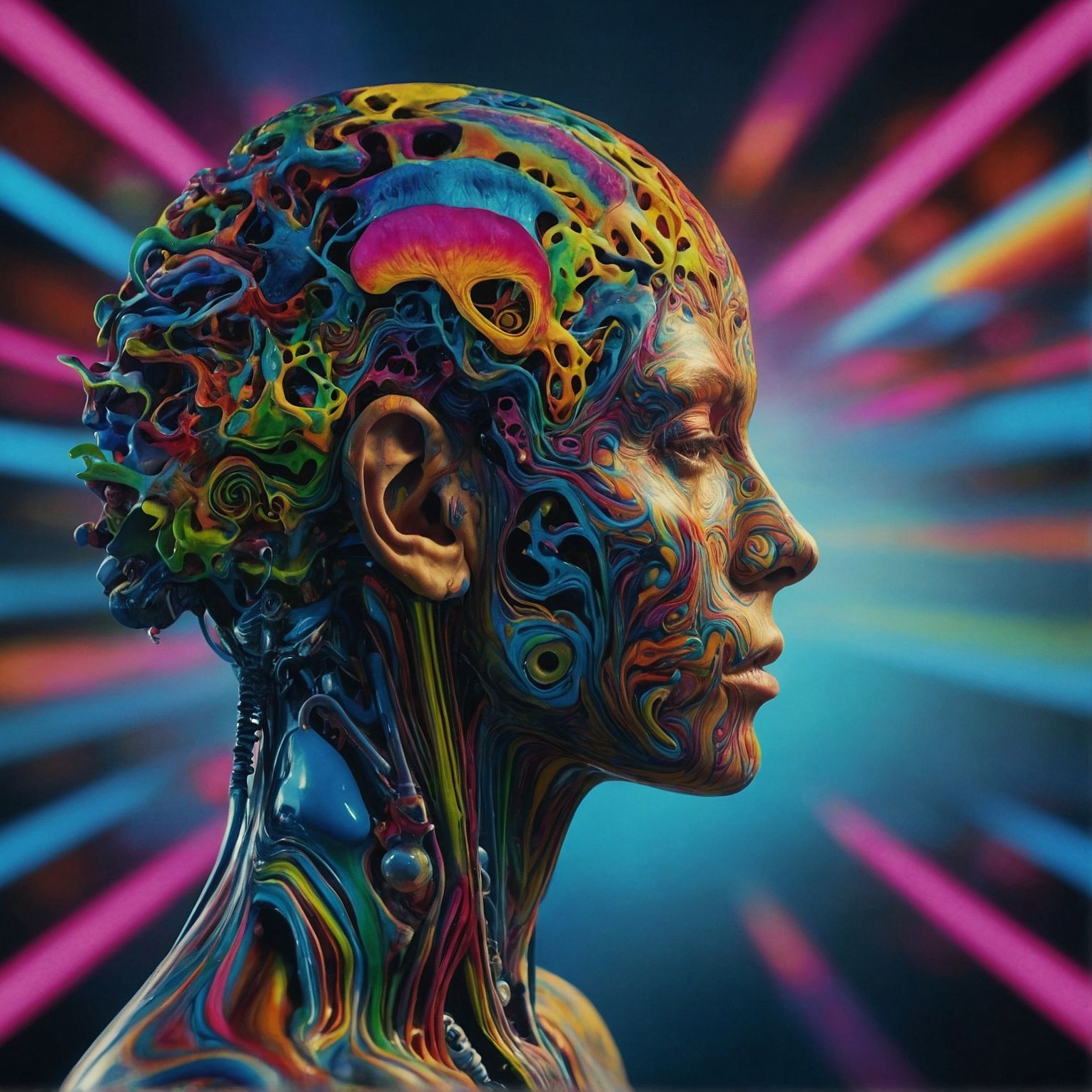 Stunning artwork. The profile of a woman's head, her brain exposed in a vibrant array of networks. Neurodivergent. LeodardoAI.