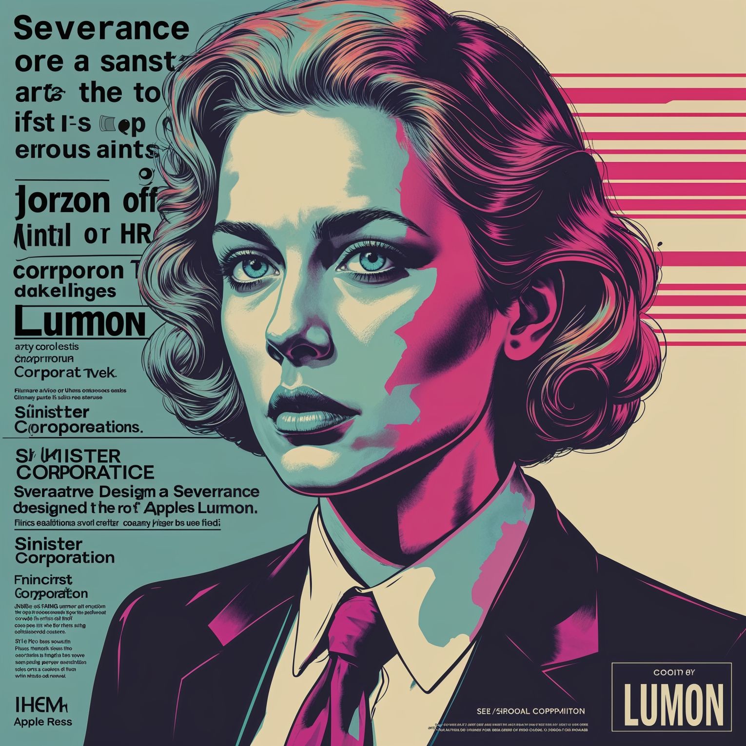 Professional graphic design in a pop art style with a cinematic tone, inspired by the Apple TV show Severance, designed by the sinister corporation Lumon, blending dry corporate jargon with an eerie subtext, creating an off-putting advertisement that hides a darker agenda beneath hollow HR pleasantries, using a bold color palette with vibrant hues and subtle shading to convey a sense of unease, with sleek typography and minimalist composition, incorporating subtle hints of psychological manipulation and control, all while maintaining an elegant and sophisticated aesthetic.