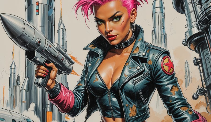 a masterpiece rough color pencil sketch of a fierce female space hero named Natalie with vibrant pink punk-spiked hair and a worn torn leather jacket over a retro 1950s sci-fi spacesuit, stepping off a sleek rocket shuttle onto a dystopian planet cityscape with towering chrome spires and neon graffiti, holding a ray gun triumphantly, her expression a mix of charming sarcasm and defiant resolve, with piercing green eyes and smooth caramel skin, in the style of 1950s pulp sci-fi illustration twisted with punk rock anarchy, bold colors, dynamic pose, philosophical undertones of human rebellion against machines, with visible pencil marks and paper texture.