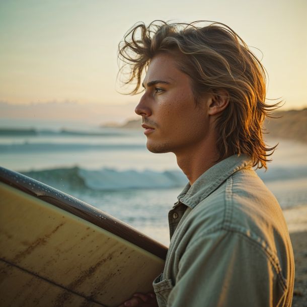Cross processing vintage film photography of a close-up scene at dawn, a peaceful morning unfolding on the beach as a surfer stands serene, holding a worn surfboard, gazing out at perfect waves rolling in, the atmosphere surreal and dreamy, evoking imagination and memory, captured in a 135mm portrait format with soft focus and muted colors, the surfer's facial features calm and contemplative, skin glowing with a warm golden tone, hair tousled by the gentle morning breeze, the surfboard's wood grain and the surfer's casual clothing blending with the serene landscape, the entire scene bathed in the warm, golden light of dawn.
